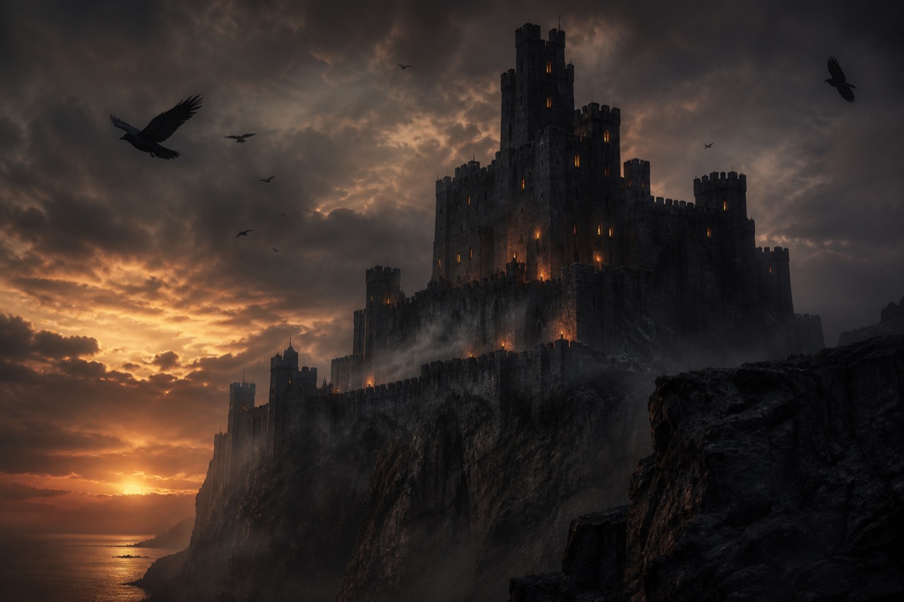 A torchlit stone castle on a cliff at dusk, evoking the Game of Thrones world behind Wordleos